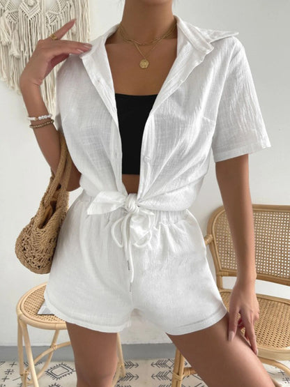 Button Up Short Sleeve Shirt and Drawstring Shorts Set - More Colors! - In Style Chics Boutique LLC