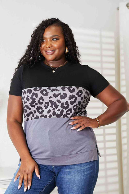 Double Take Leopard Print Color Block Short Sleeve T-Shirt - In Style Chics Boutique LLC