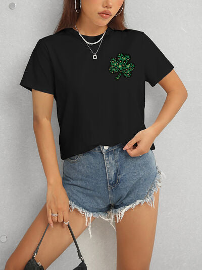 Lucky Clover Round Neck Short Sleeve T-Shirt - In Style Chics Boutique LLC