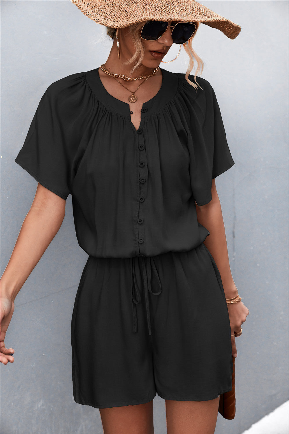 Buttoned Gather Detail Romper Also in Black! - In Style Chics Boutique LLC