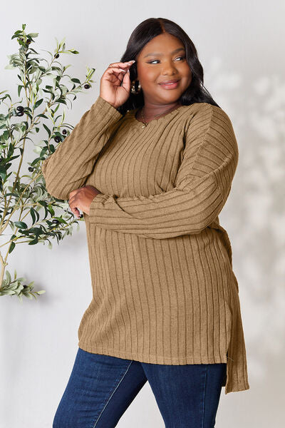 Basic Bae Full Size Ribbed Round Neck Long Sleeve Slit Top - More Colors! - In Style Chics Boutique LLC