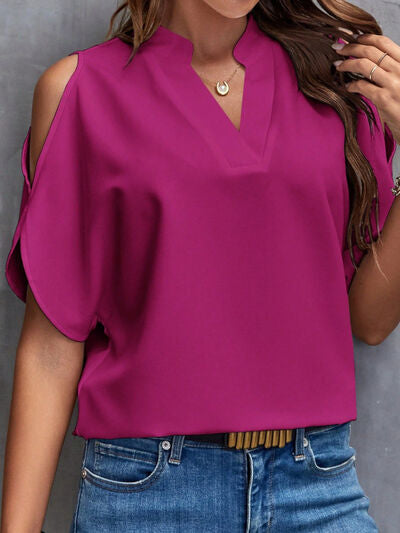 Notched Cold Shoulder Blouse - More Colors! - In Style Chics Boutique LLC