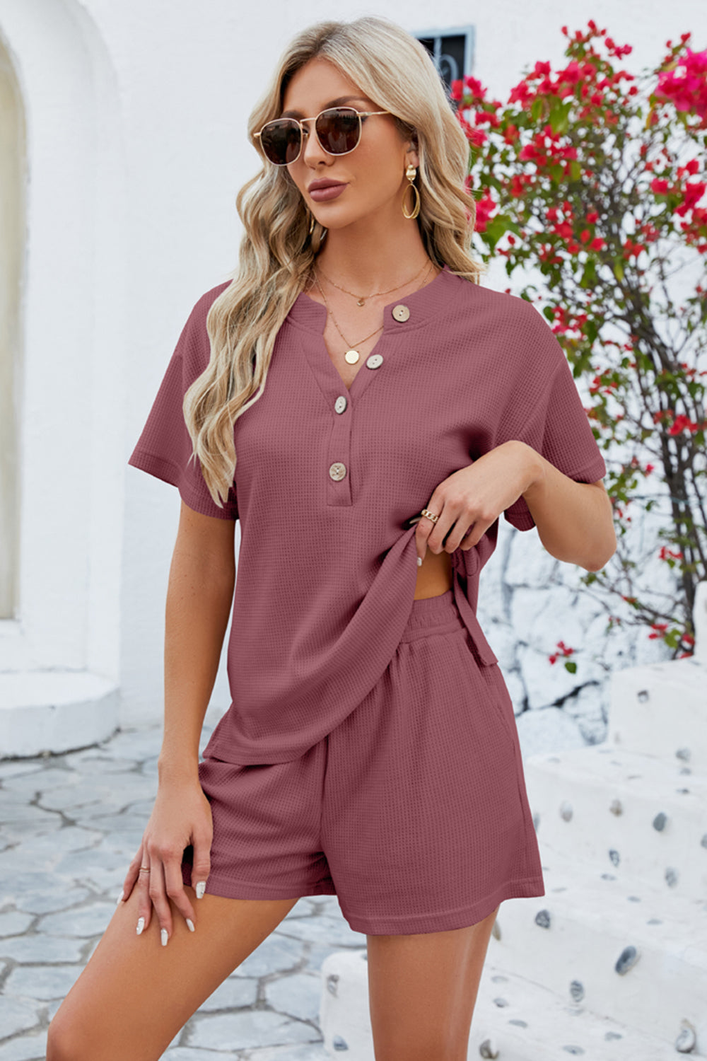 Notched Button Detail Dropped Shoulder Top and Shorts Set - More Colors! - In Style Chics Boutique LLC