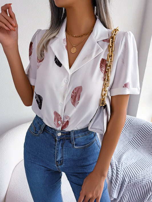 Feather Print Lapel Collar Puff Sleeve Shirt - More Colors! - In Style Chics Boutique LLC