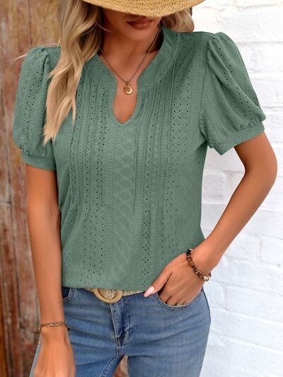 Eyelet Notched Puff Sleeve T-Shirt More Colors! - In Style Chics Boutique LLC