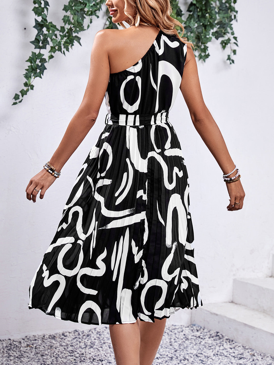 Printed Single Shoulder Tie Waist Dress - In Style Chics Boutique LLC