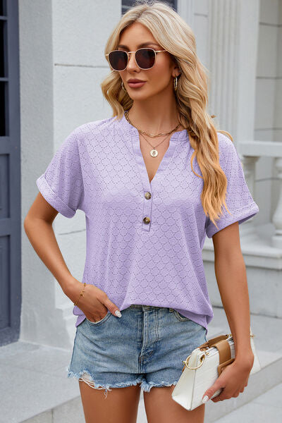 Eyelet Notched Short Sleeve T-Shirt More Colors! - In Style Chics Boutique LLC