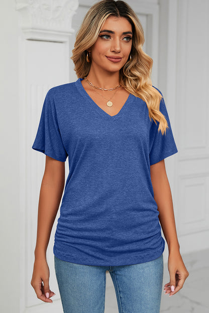 Ruched V-Neck Short Sleeve T-Shirt More Colors! - In Style Chics Boutique LLC