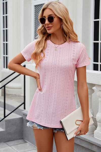 Eyelet Slit Round Neck Short Sleeve T-Shirt - More Colors! - In Style Chics Boutique LLC