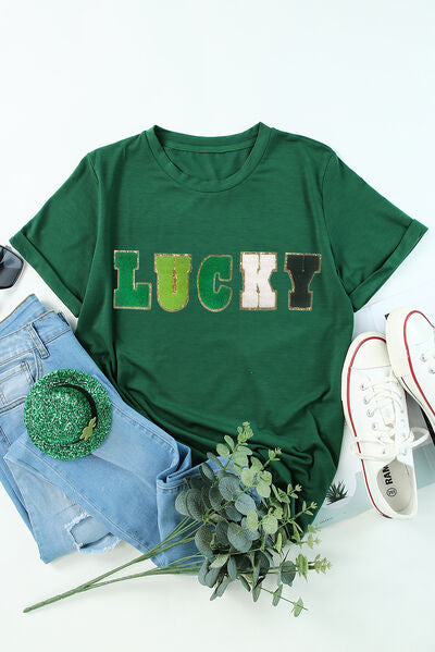 LUCKY Round Neck Short Sleeve T-Shirt - In Style Chics Boutique LLC