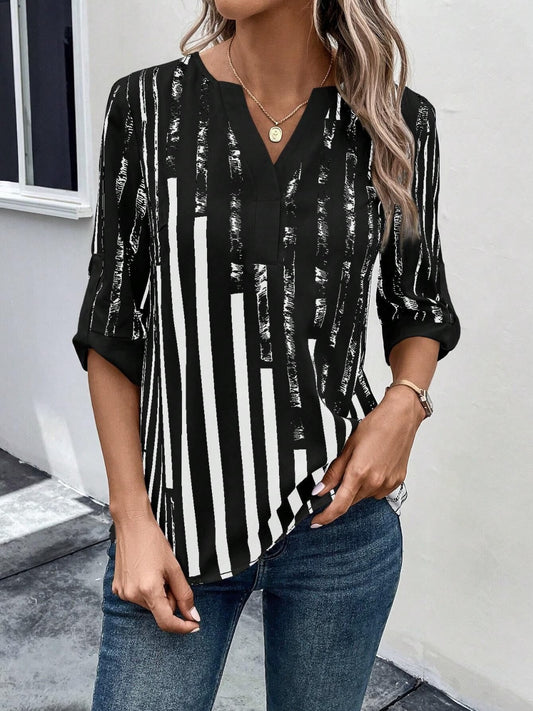 Striped Notched Half Sleeve Blouse More Color Options - In Style Chics Boutique LLC