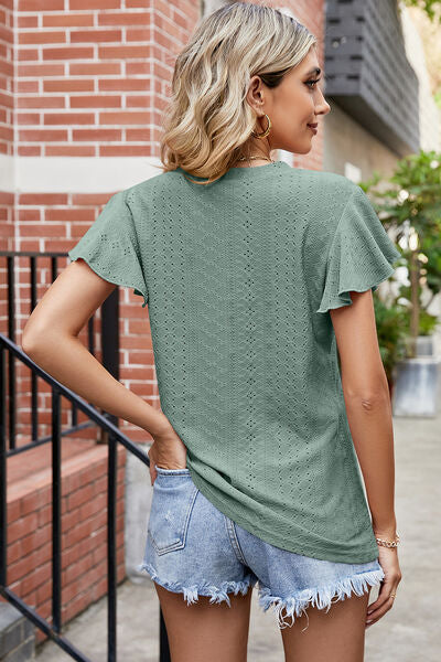 Eyelet V-Neck Flutter Sleeve T-Shirt More Colors! - In Style Chics Boutique LLC