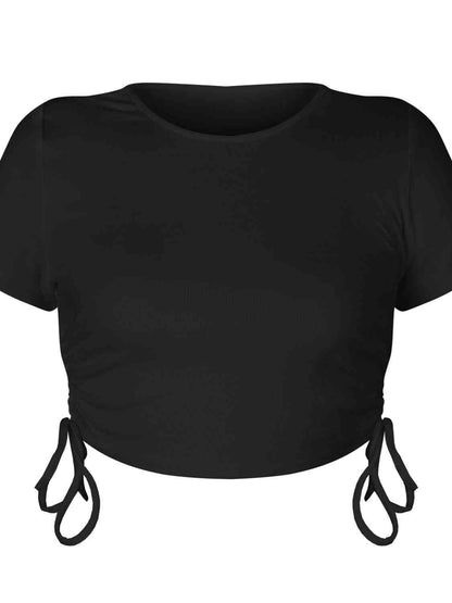 Round Neck Short Sleeve Drawstring Tee - White or Black - In Style Chics Boutique LLC