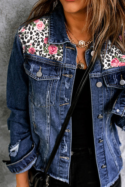 Mixed Print Distressed Button Front Denim Jacket - In Style Chics Boutique LLC