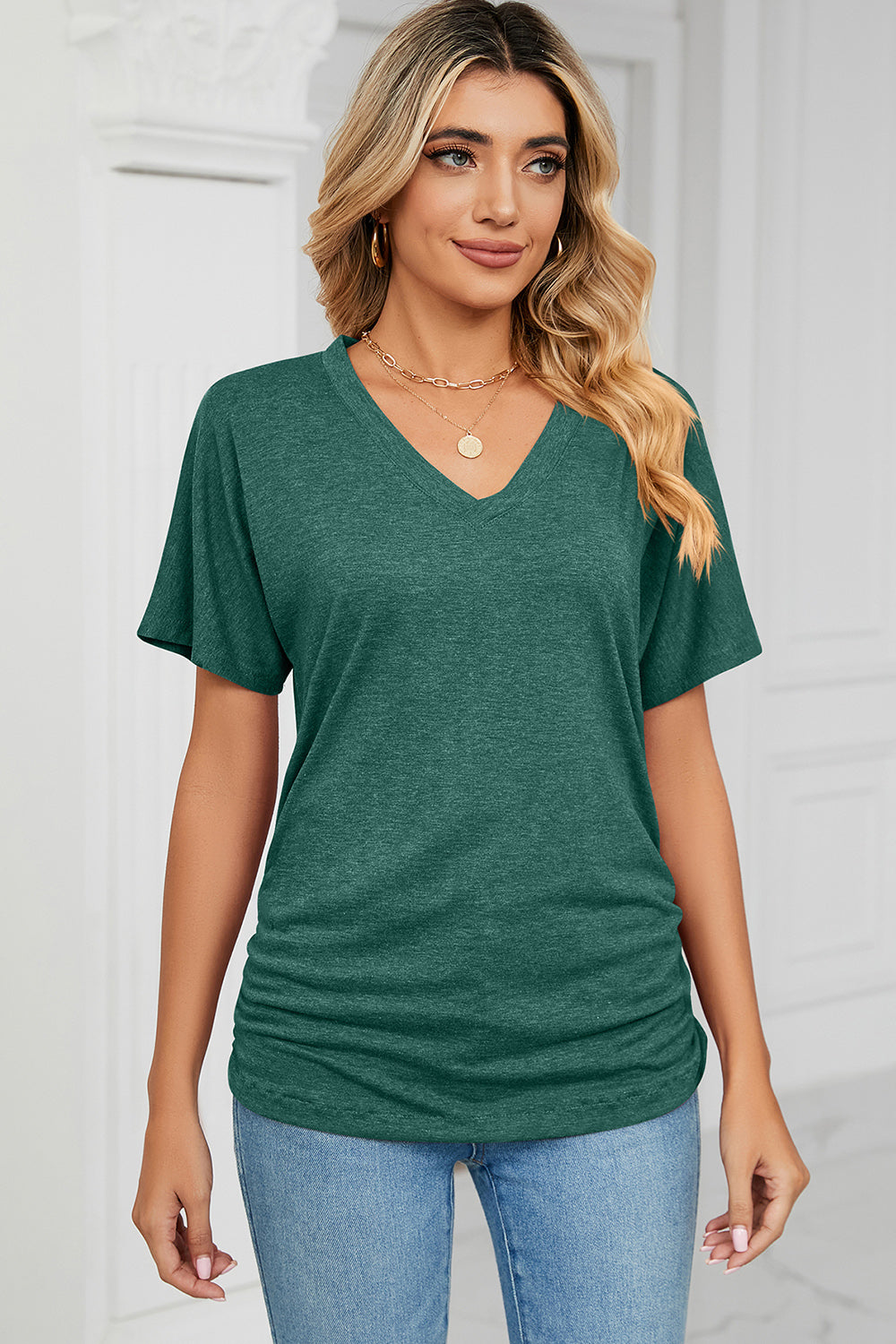 Ruched V-Neck Short Sleeve T-Shirt More Colors! - In Style Chics Boutique LLC