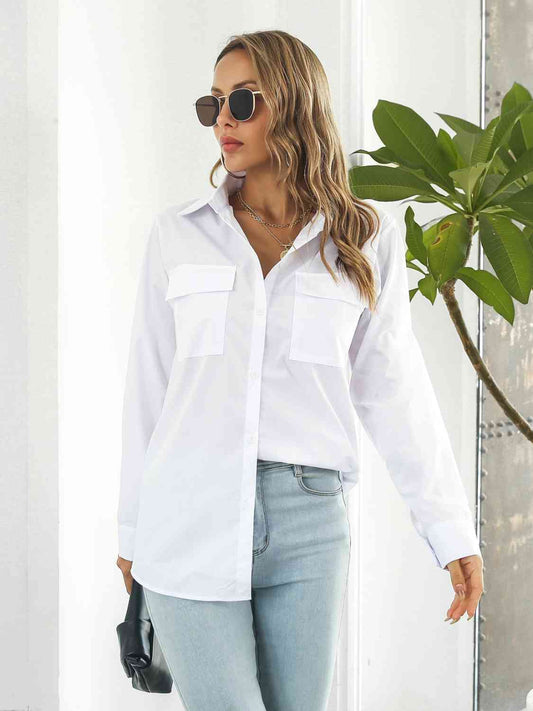 Collared Neck Buttoned Shirt with Pockets - White or Black - In Style Chics Boutique LLC