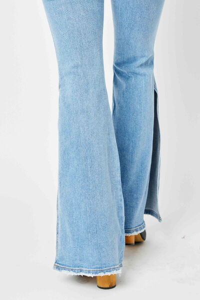 Judy Blue Full Size Mid Rise Raw Hem Slit Flare Jeans - In Style Chics Boutique LLC