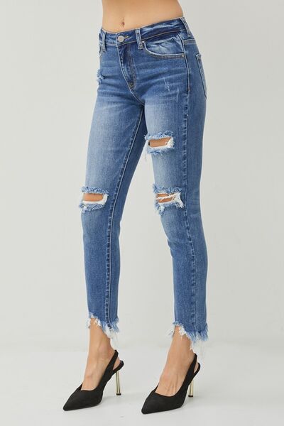 RISEN Distressed Frayed Hem Slim Jeans - In Style Chics Boutique LLC