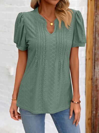 Eyelet Notched Puff Sleeve T-Shirt More Colors! - In Style Chics Boutique LLC