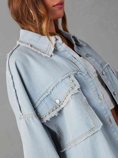 Button Down Raw Hem Denim Jacket - Ivory or Misty Blue - In Style Chics Boutique LLC