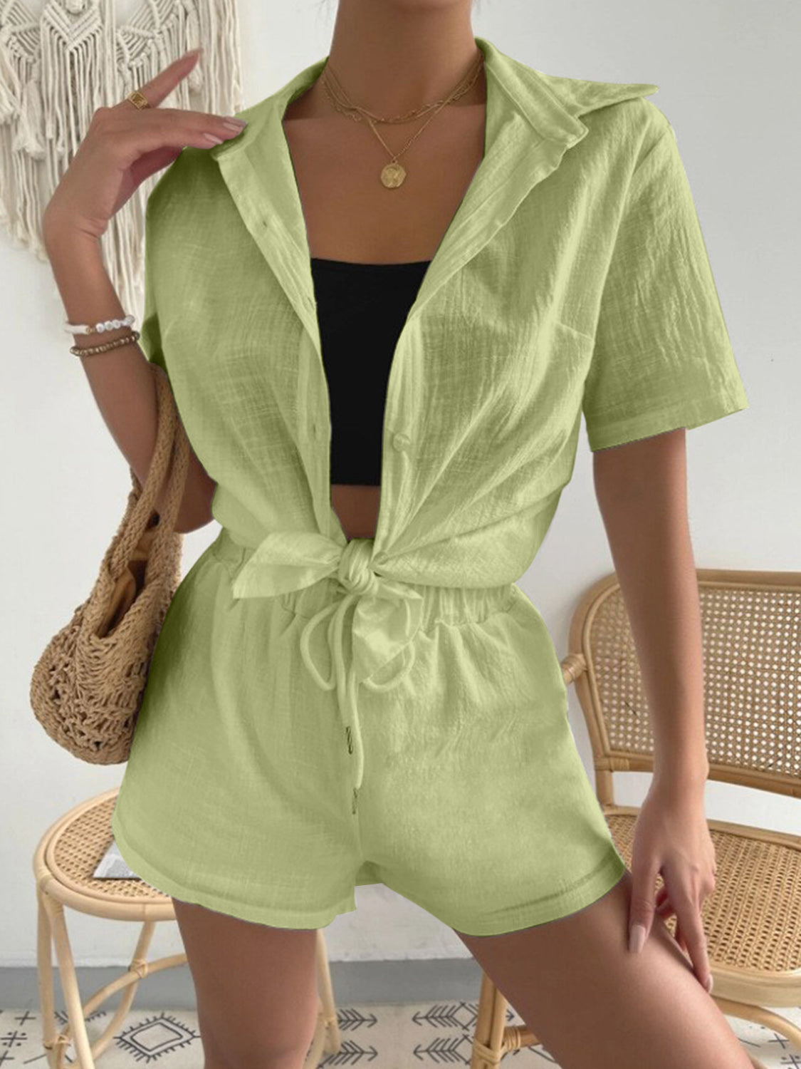 Button Up Short Sleeve Shirt and Drawstring Shorts Set - More Colors! - In Style Chics Boutique LLC