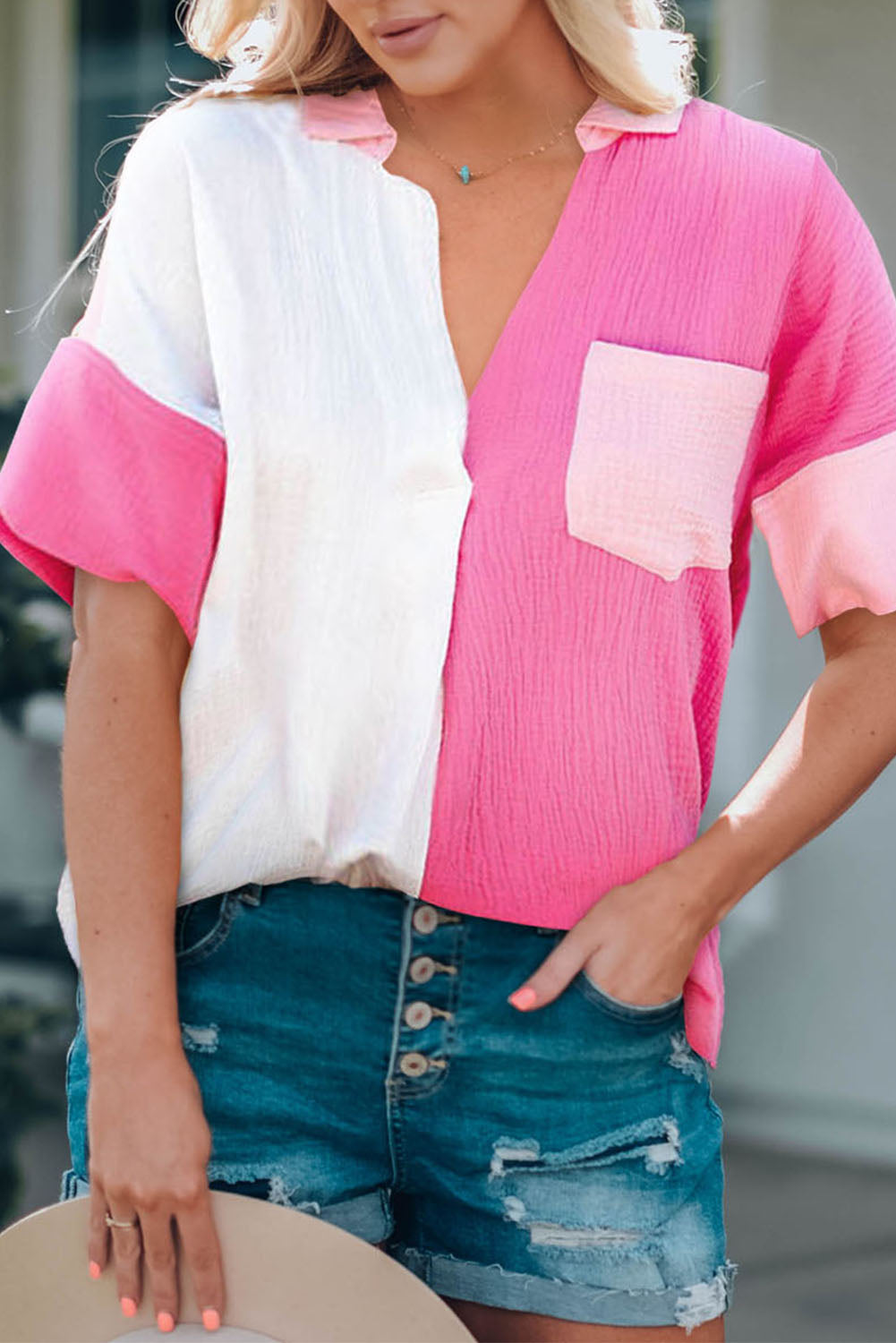 Color Block Textured Johnny Collar Blouse - In Style Chics Boutique LLC