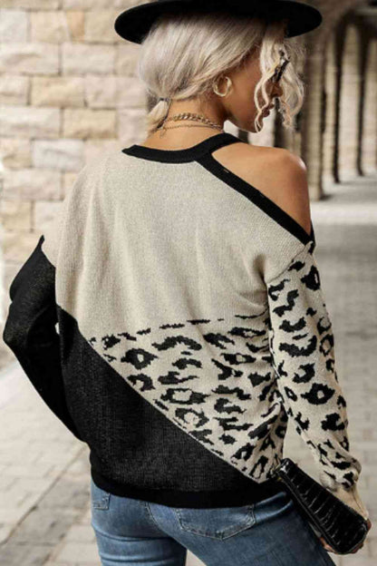 Leopard Color Block Cold-Shoulder Sweater - In Style Chics Boutique LLC