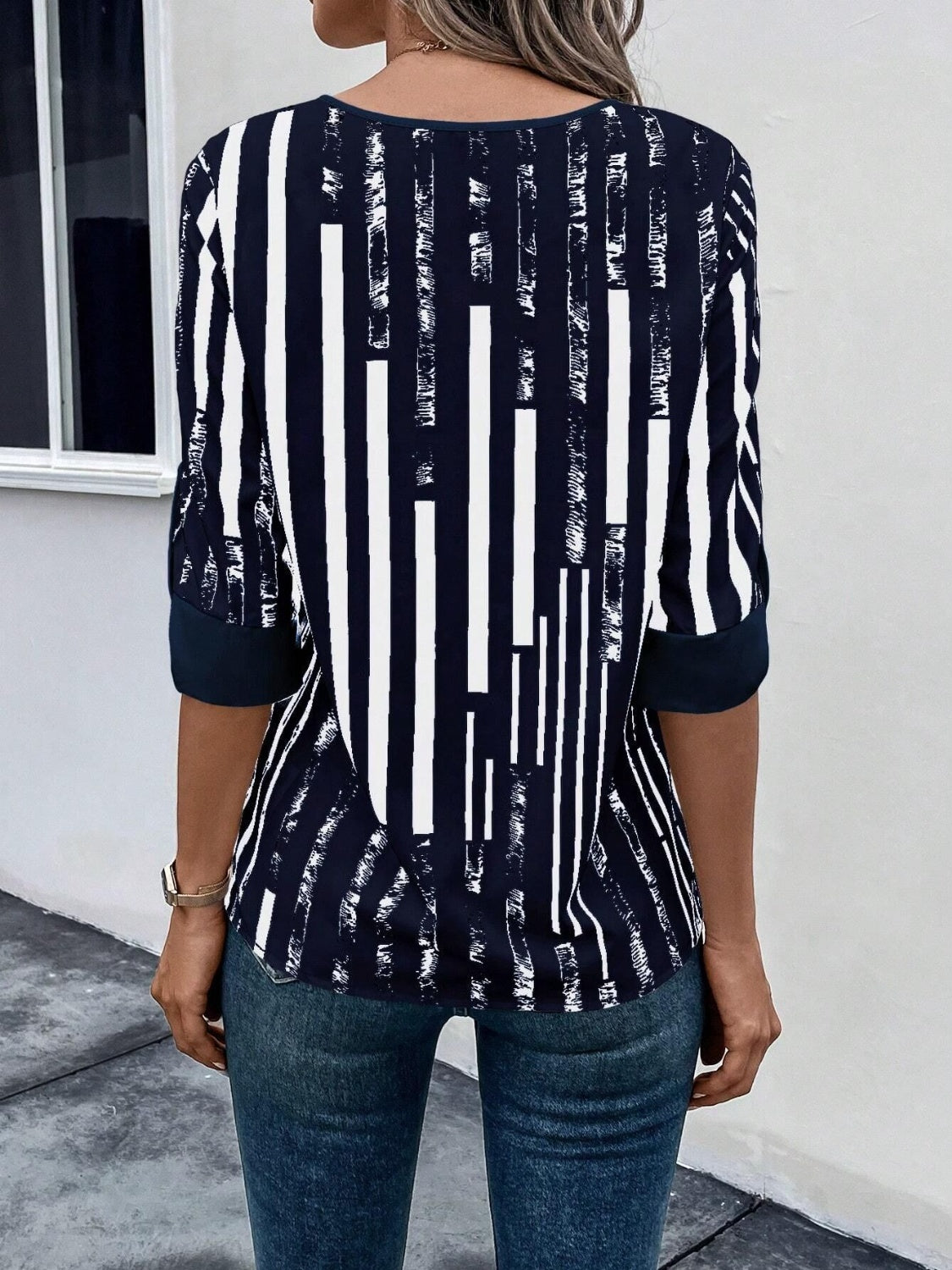 Striped Notched Half Sleeve Blouse More Color Options - In Style Chics Boutique LLC