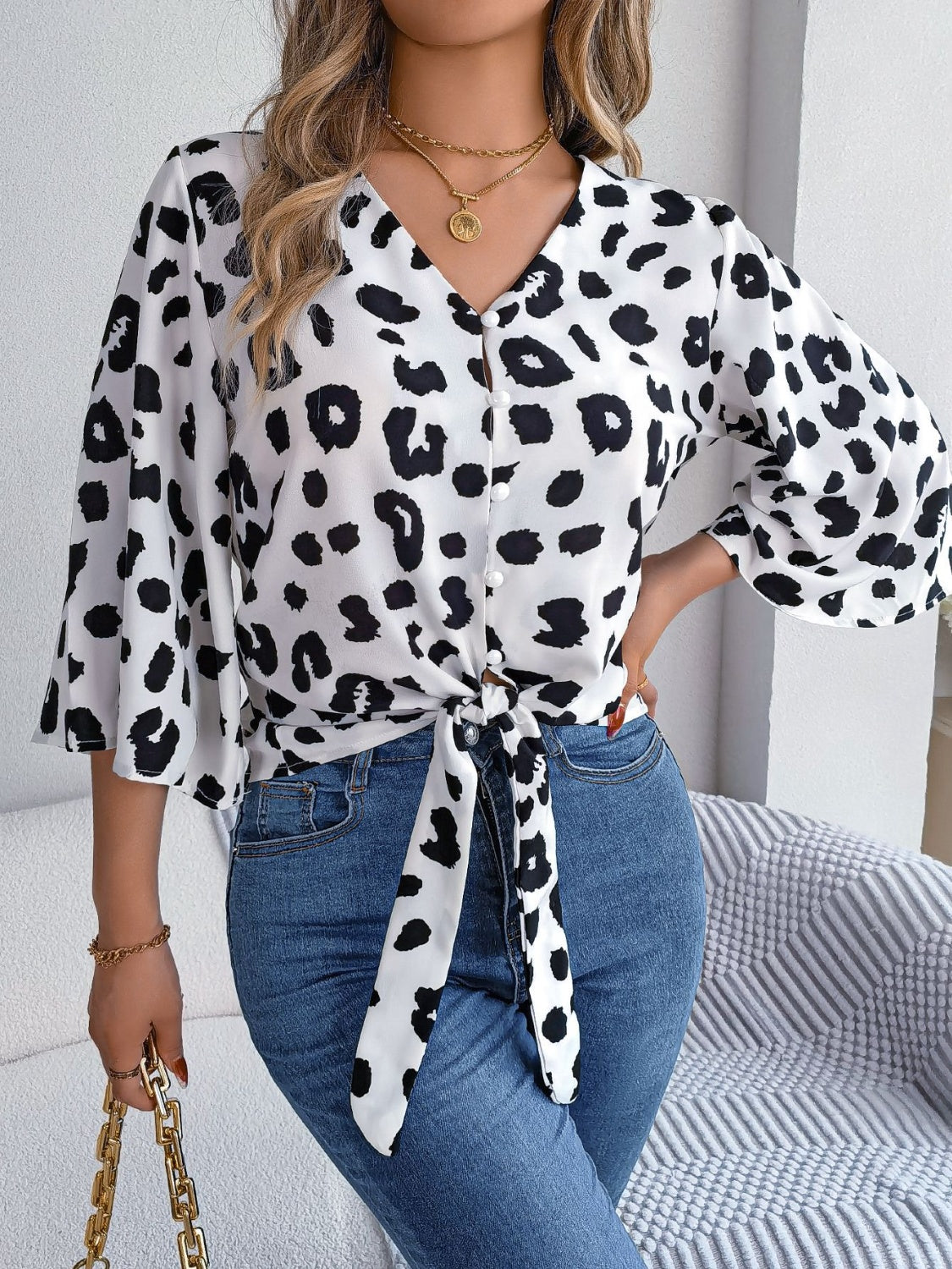 Tied Button Up Leopard V-Neck Blouse - More Colors! - In Style Chics Boutique LLC