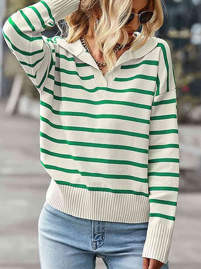 Striped Collared Neck Knit Top - In Style Chics Boutique LLC