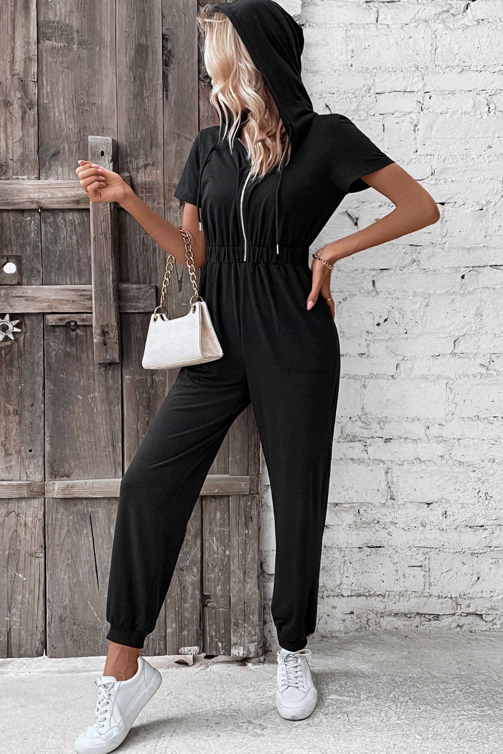 Zip-Up Short Sleeve Hooded Jumpsuit with Pockets - In Style Chics Boutique LLC