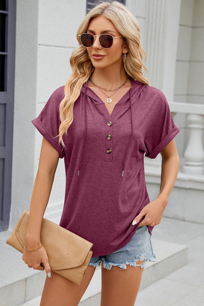 Half Button Drawstring Short Sleeve Hooded T-Shirt - More Colors! - In Style Chics Boutique LLC