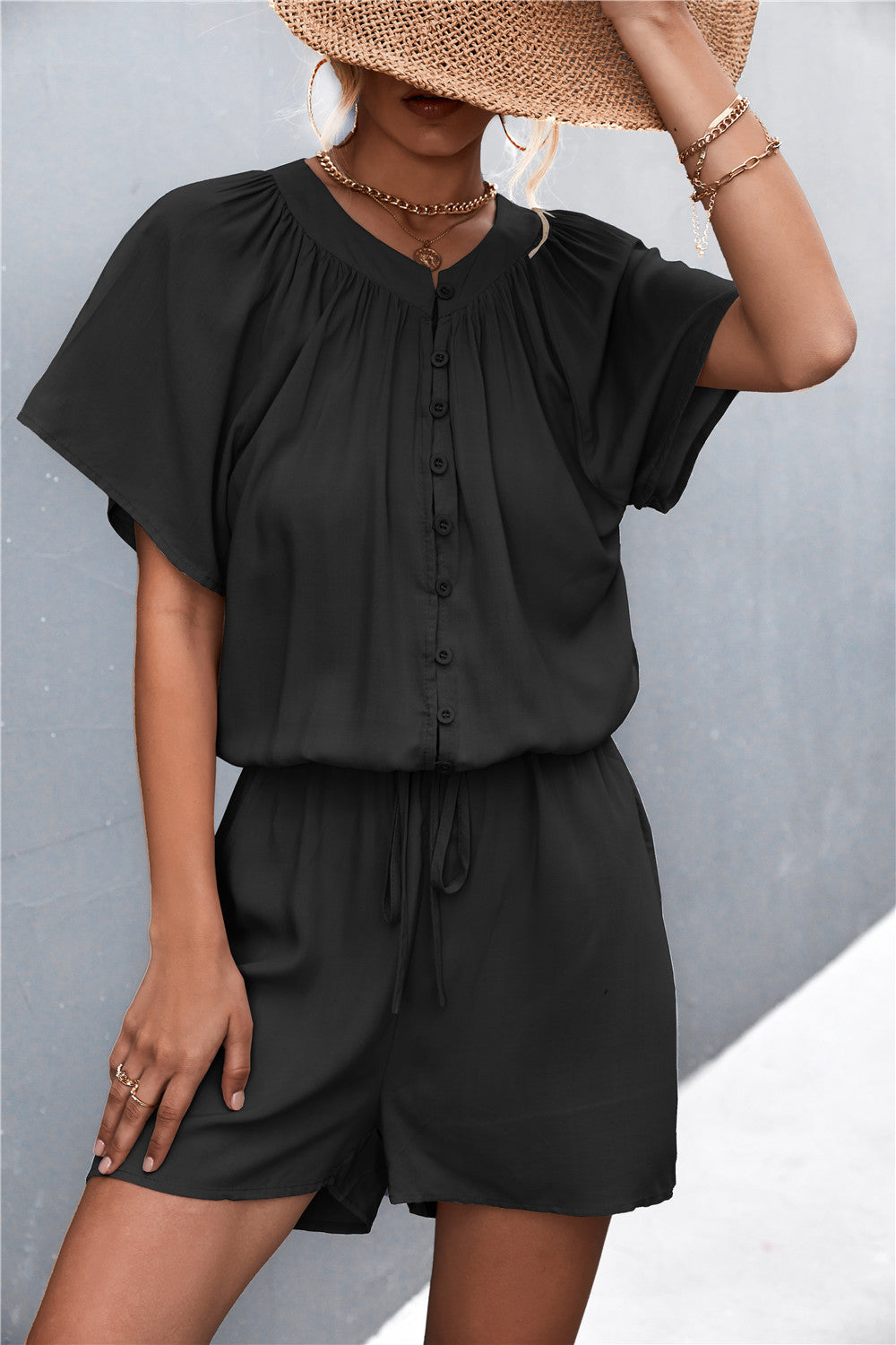 Buttoned Gather Detail Romper Also in Black! - In Style Chics Boutique LLC