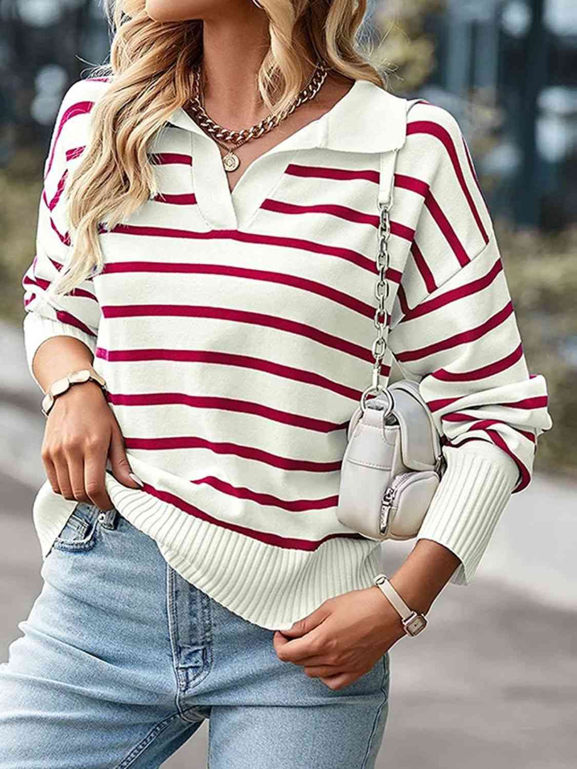 Striped Collared Neck Knit Top - In Style Chics Boutique LLC