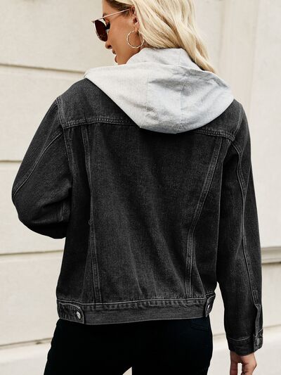 Drawstring Hooded Button Up Denim Jacket - Black or Dusty Blue - In Style Chics Boutique LLC