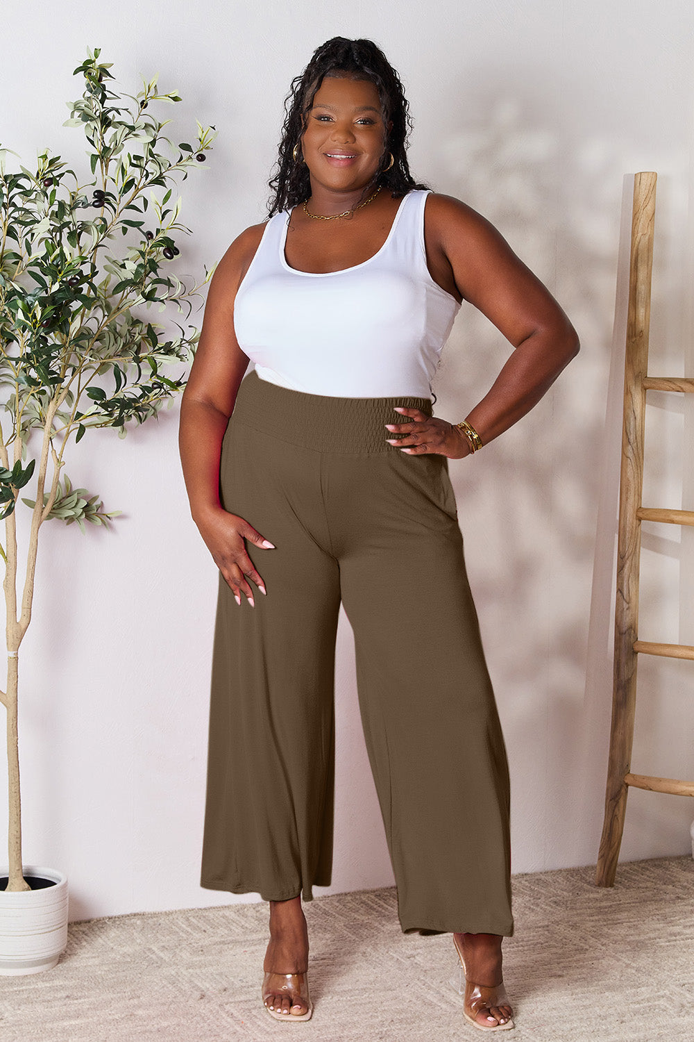 Double Take Full Size Smocked Wide Waistband Wide Leg Pants - In Style Chics Boutique LLC