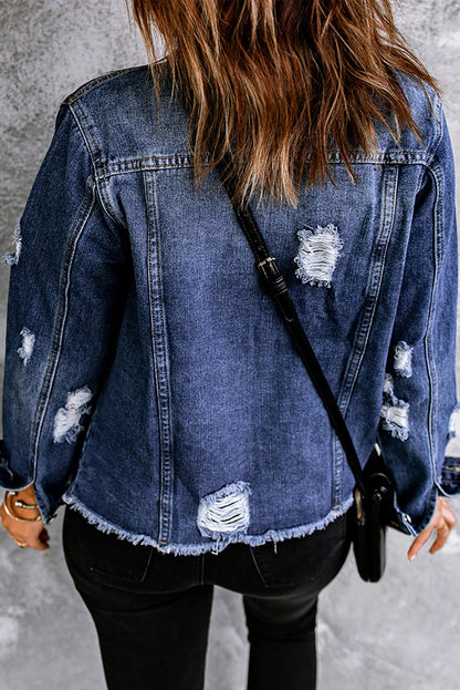 Mixed Print Distressed Button Front Denim Jacket - In Style Chics Boutique LLC