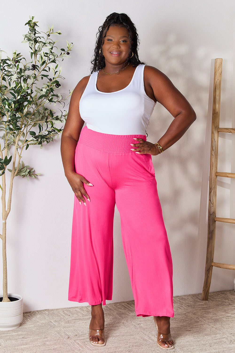 Double Take Full Size Smocked Wide Waistband Wide Leg Pants - In Style Chics Boutique LLC