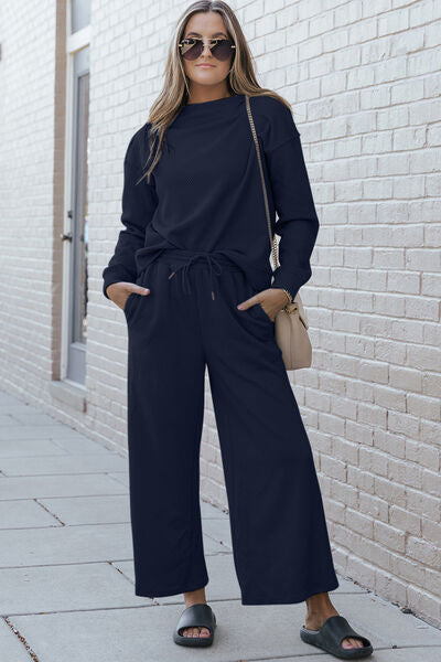 Double Take Full Size Textured Long Sleeve Top and Drawstring Pants Set - More Colors! - In Style Chics Boutique LLC