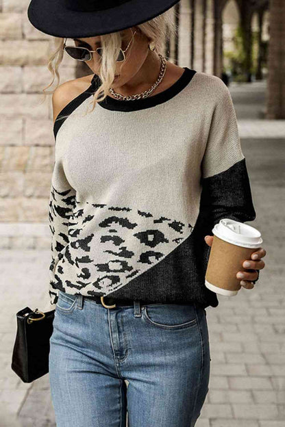 Leopard Color Block Cold-Shoulder Sweater - In Style Chics Boutique LLC