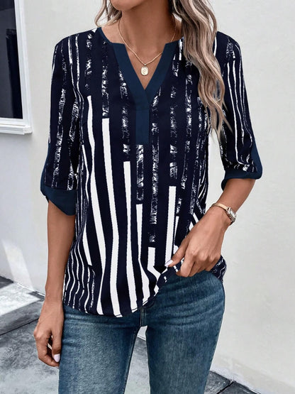 Striped Notched Half Sleeve Blouse More Color Options - In Style Chics Boutique LLC