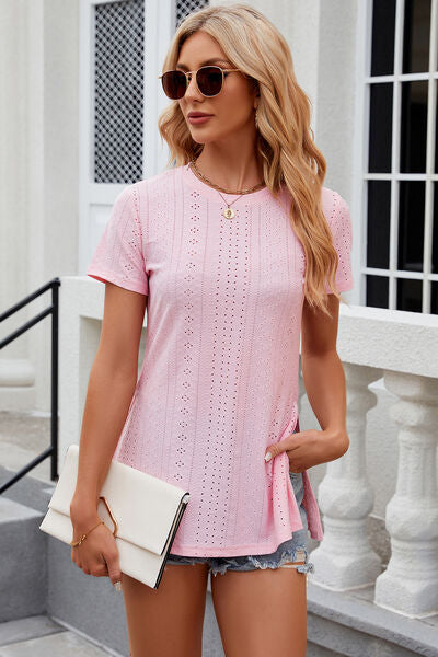 Eyelet Slit Round Neck Short Sleeve T-Shirt - More Colors! - In Style Chics Boutique LLC