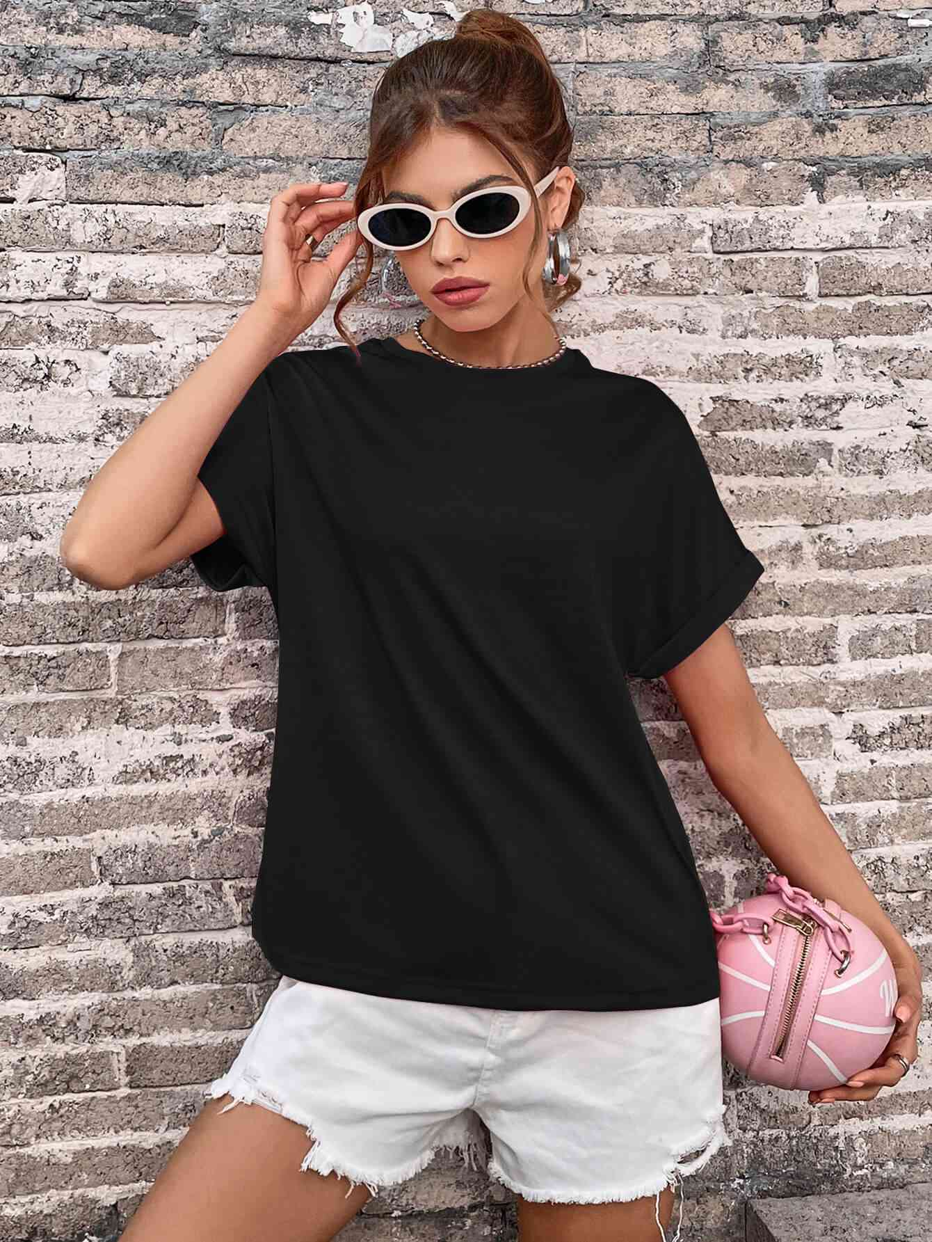 Round Neck Cuffed Sleeve T-Shirt - In Style Chics Boutique LLC