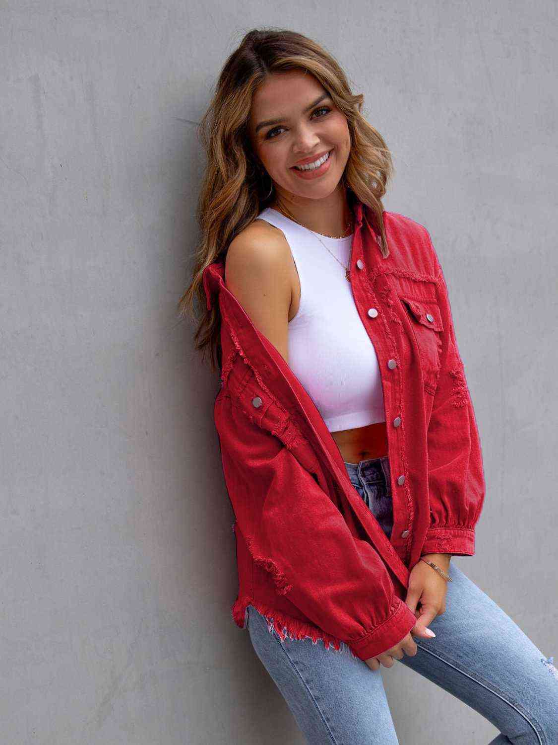 Distressed Drop Shoulder Denim Jacket - More Colors! - In Style Chics Boutique LLC