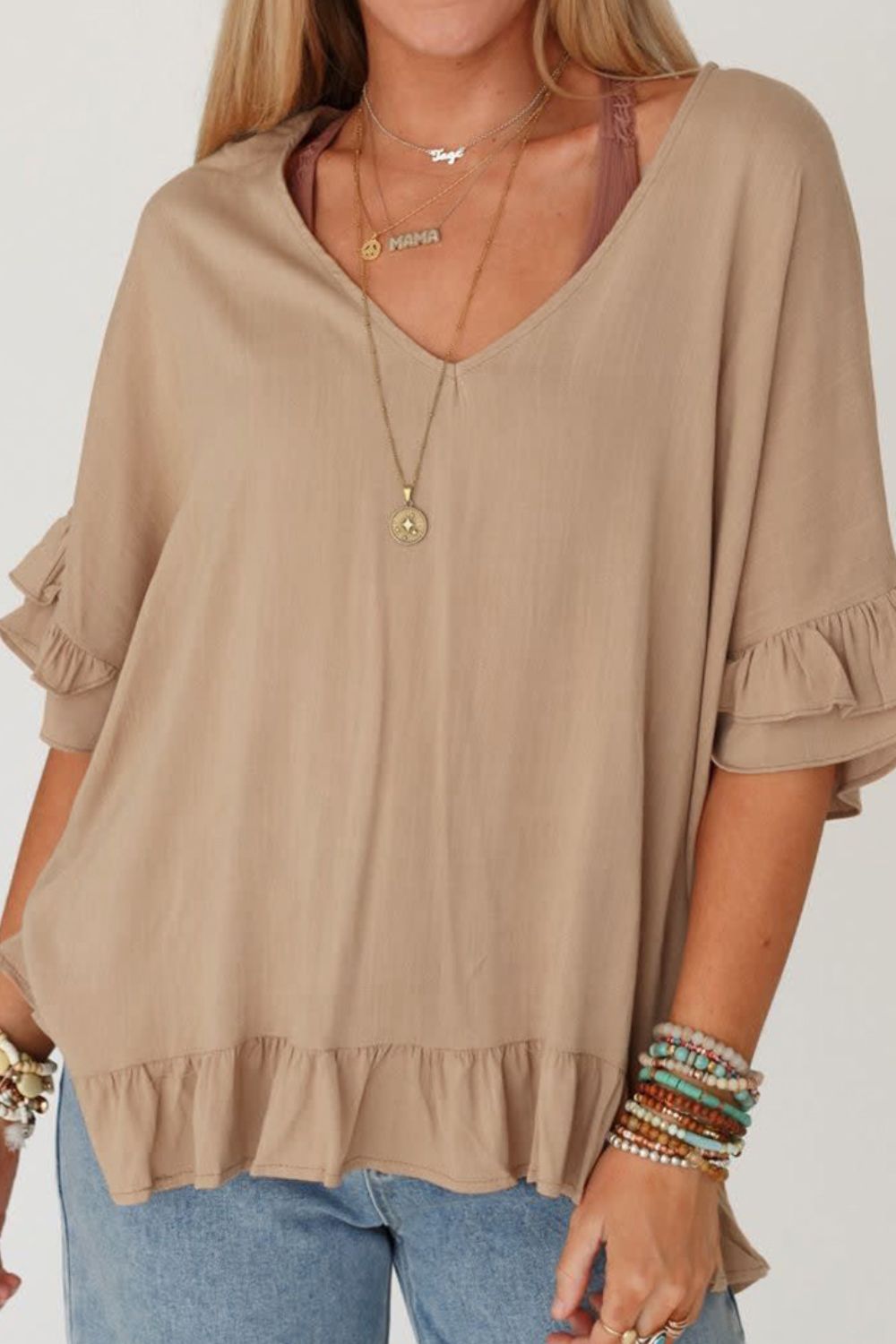 Ruffled V-Neck Half Sleeve Blouse - In Style Chics Boutique LLC