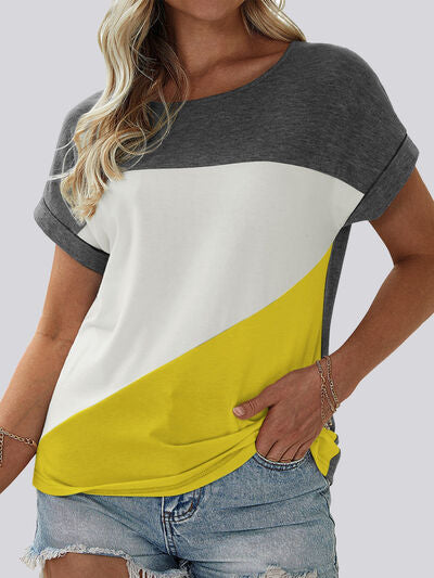 Color Block Round Neck Short Sleeve T-Shirt - In Style Chics Boutique LLC