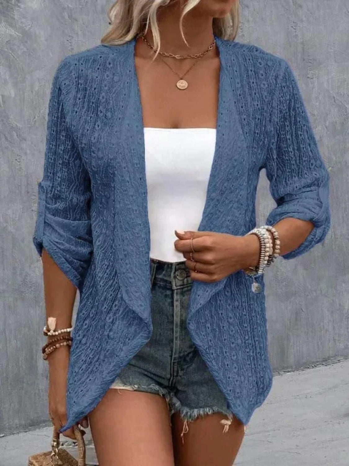 Eyelet Roll-Tab Sleeve Cardigan More Colors! - In Style Chics Boutique LLC