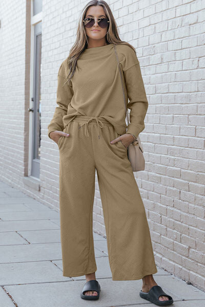 Double Take Full Size Textured Long Sleeve Top and Drawstring Pants Set - More Colors! - In Style Chics Boutique LLC