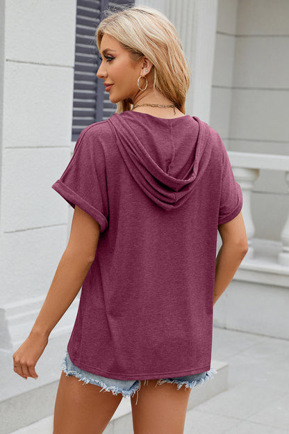 Half Button Drawstring Short Sleeve Hooded T-Shirt - More Colors! - In Style Chics Boutique LLC