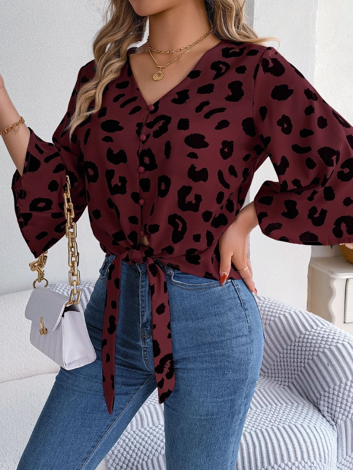 Tied Button Up Leopard V-Neck Blouse - More Colors! - In Style Chics Boutique LLC